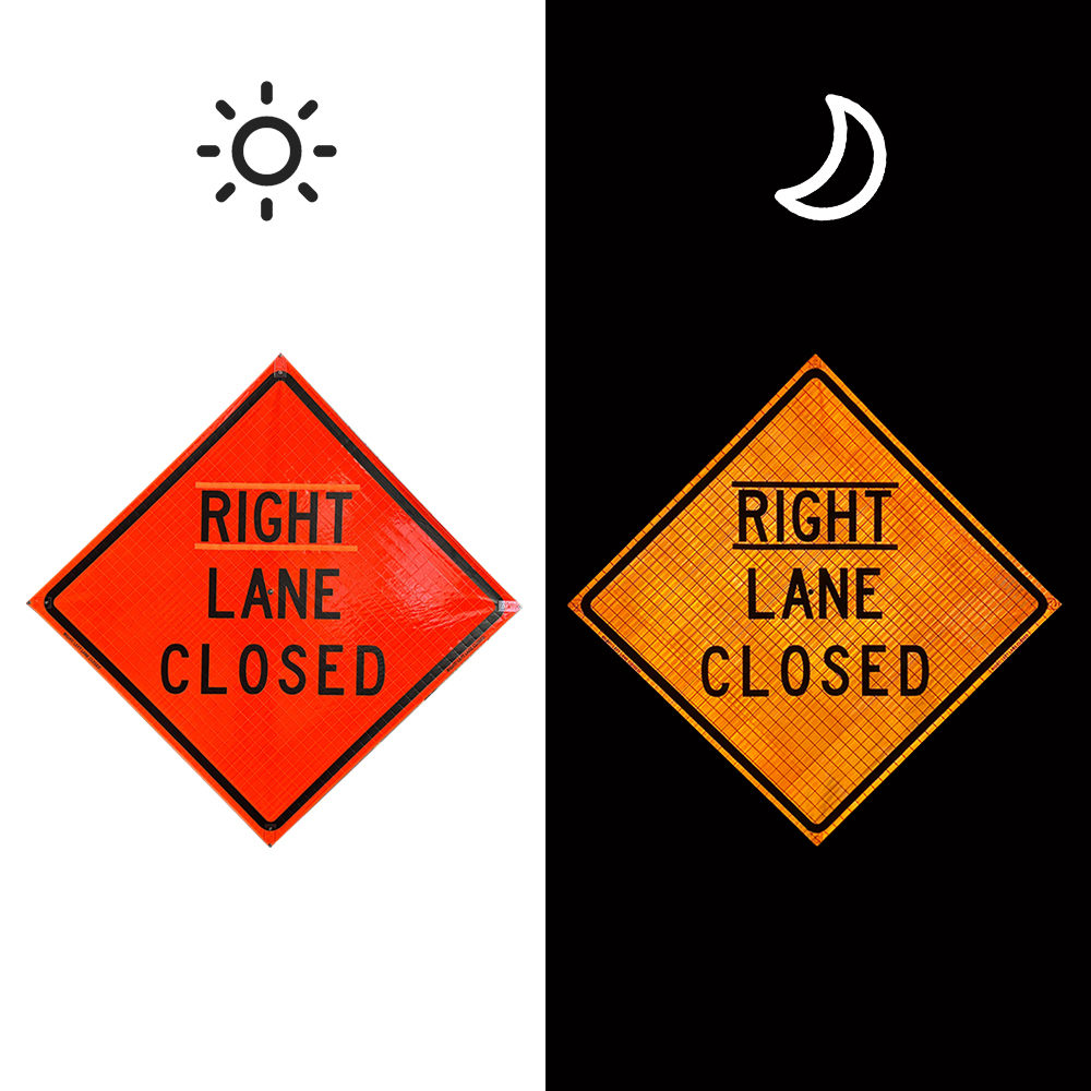 48 Inch Right Lane Closed Roll Up Reflective Traffic Sign - 